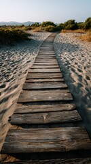 Fototapeta premium Wooden path through sandy dunes at sunset