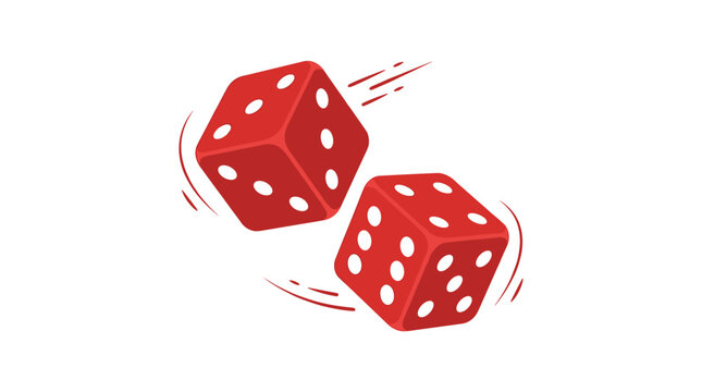 Two bright red dice with white circular spots roll across a plain white surface in this clear studio shot featuring a vibrant color palette and crisp digital art style.