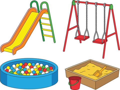 Playground equipment illustration set, generic ball pit sandbox and outdoor play elements for kids recreation design.