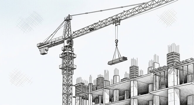 Sketch of a construction crane building a high rise structure.
