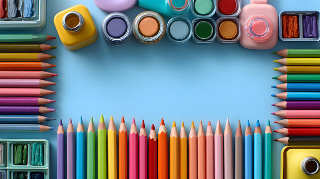 A cheerful blue backdrop is perfect for kids' creativity and learning, which is bordered by bright pastel school and art supplies.