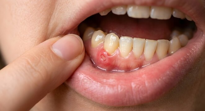 Close Up of Inflamed Gum with Finger Pulling Lip Showing Teeth and Oral Infection