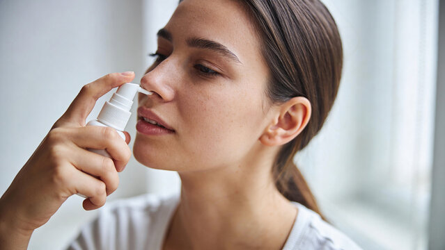 Young woman using nasal spray at home for allergy or cold relief &mdash; healthcare and sinus treatment concept