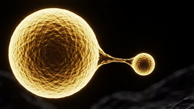 Cell division or budding process, microscopic view of cells merging and separating, abstract organic growth, science and biology concept