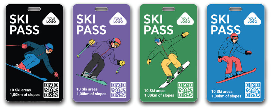 Ski pass cards icons illustration set, generic mountain lift admission tickets with skier snowboarder and colorful winter sports graphics.