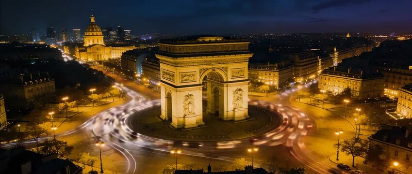 twilight illumination paris arc de triomphe aerial timelapse.