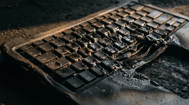 Rusted metal keyboard submerged in melted plastic and debris