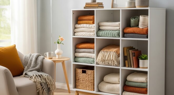 White painted open wardrobe with cubbies displaying folded clothes blankets and books for home organization