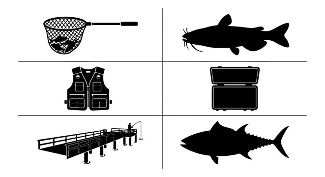 Fishing Gear and Aquatic Life Icons: Net, Vest, Tackle Box, Pier, Catfish, Tuna, Vector Set for Outdoor Recreation and Sport