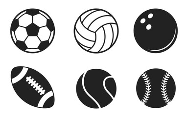 Fototapeta premium Sports equipment and balls silhouette icons with isolated athletic gear symbols on white background, clean graphic design elements for recreation and competition projects