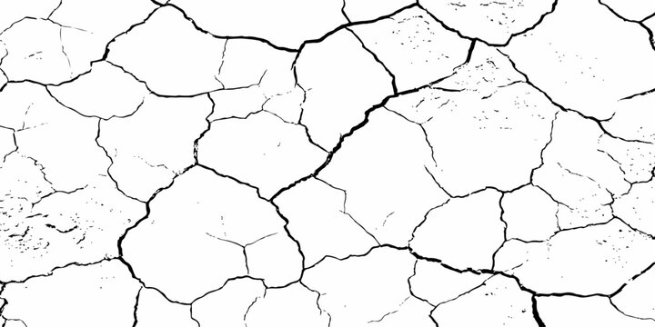 Cracked, parched earth texture in black and white with bold fissures and dry, fragmented patterns&mdash;ideal for desert, drought, or climate crisis visuals in design, illustration, or concept art.	
