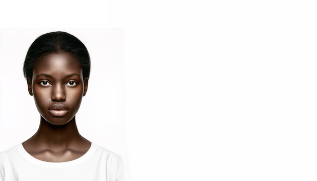 Studio portrait of a young black woman with short hair, wearing a white t-shirt, conveying confidence and natural beauty isolated on white background. Copy space