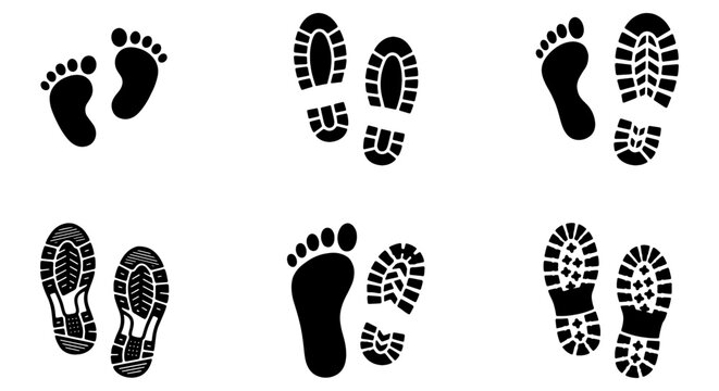 Footprint Icons Set, Bare Feet and Boot Tracks, Black and White Vector Graphics for Walking and Journey Concepts