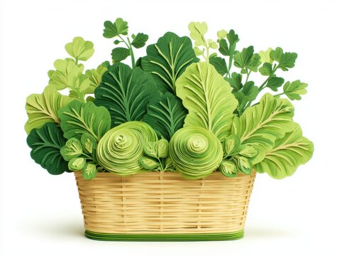 Pixelated Green Vegetables in Woven Basket on White Background