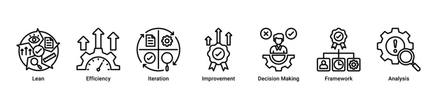 Lean Strategy web banner icon vector illustration with icons of Lean, Efficiency, Iteration, Improvement, Decision Making, Framework and Analysis