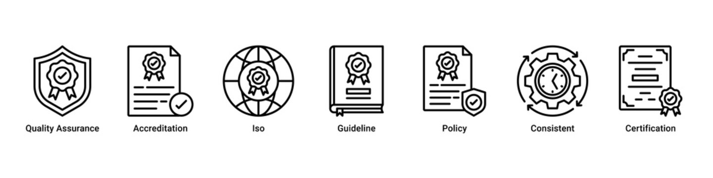 Quality System web banner icon vector illustration with icons of Quality Assurance, Accreditation, Iso, Guideline, Policy, Consistent and Certification