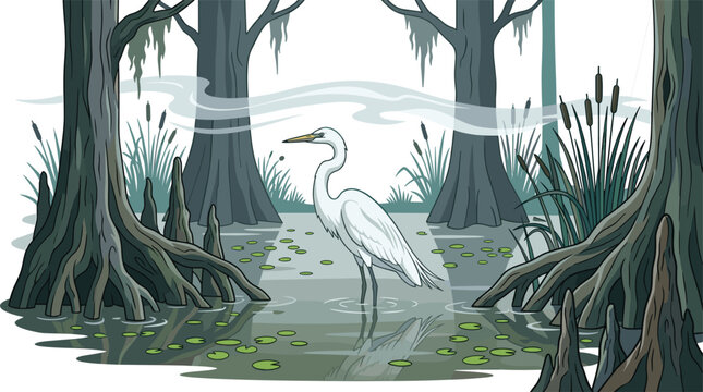 Great egret standing in a misty cypress swamp with lily pads, cattails, and buttressed tree roots.