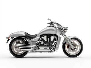 Obraz premium Silver Cruiser Motorcycle With Chrome Accents Isolated On White Studio Background