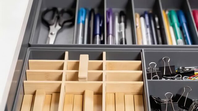 Reaching single hand placing bamboo divider into central drawer organizer slot, with pens scissors