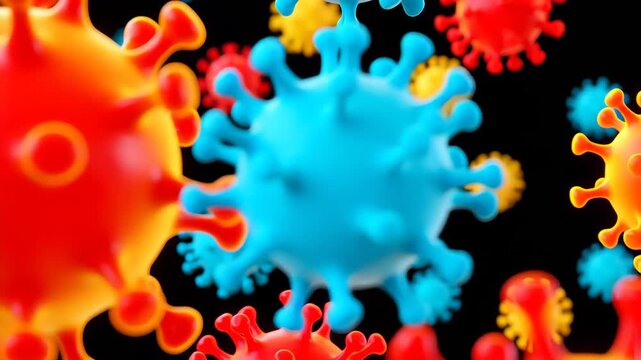 Colorful virus models on black background