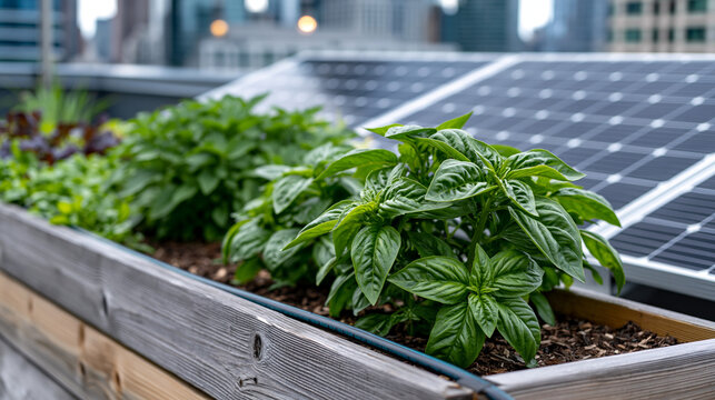Rooftop community garden on urban apartment building featuring raised vegetable beds alongside newly installed solar panels, city skyline visible beyond parapet wall, ideal for urban sustainability,