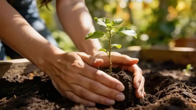 Holding seedling above hole, gardener in dark top lowering root ball into raised bed, cupping soil