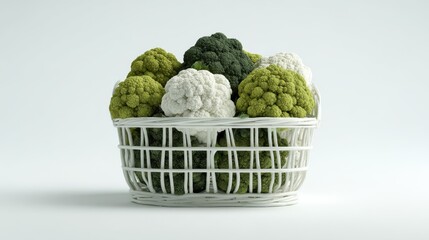 Fototapeta premium White Basket Filled With Fresh Green And White Broccoli Florets Studio Shot