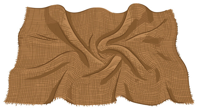 A piece of brown woven burlap fabric displays natural folds and gathers creating deep shadows across the textured surface on a plain clean white background setting.