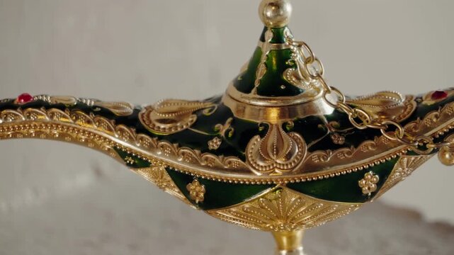 Ornate, antique, genie lamp rotating slowly, decorated with green and gold paint. This magic lamp is reminiscent of an Arabian fairytale with a red jewel at the tip.