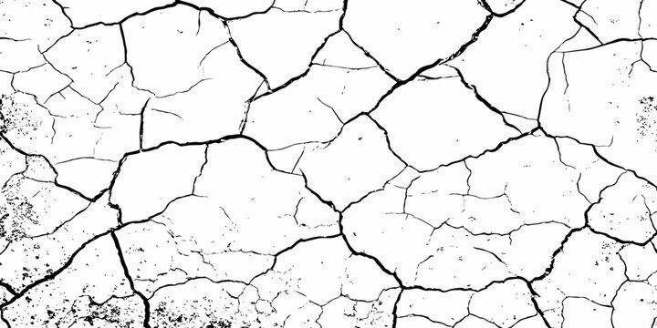 A high-contrast, black and white texture overlay of extensively cracked and distressed dry ground, featuring jagged, organic fissures and subtle granular details against a stark white background.	