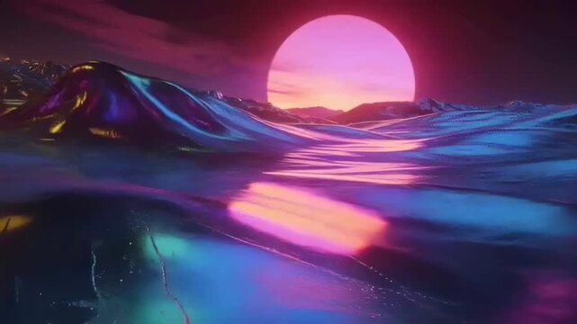 Tracking camera revealing glossy metallic terrain at alien shoreline, showing large pink sun
