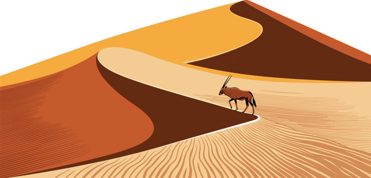 Oryx walking along the ridge of a vast sand dune in a desert landscape.Oryx walking along the ridge of a vast sand dune in a desert landscape.