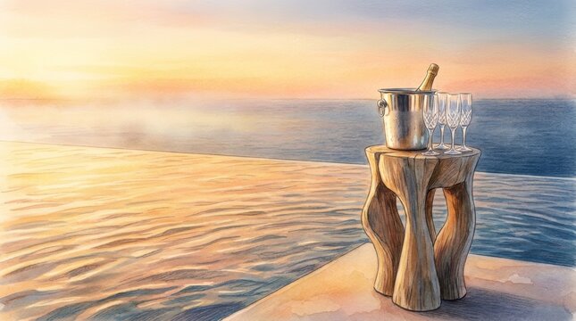 Exclusive luxury summer vacation resort, private teak wood deck with empty sun loungers, chilled champagne and infinity pool overlooking the Mediterranean sea at golden hour sunset