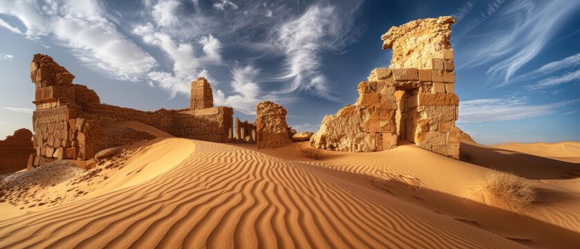 Ancient Stone Ruins Buried Amid Vast Sahara Desert Dunes: Berber Ksar Fortresses Evoking Garamantian Civilizations and North African Mysteries