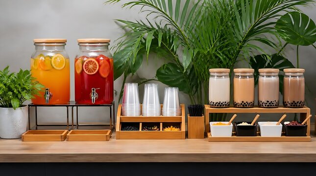 Refreshing beverage station with juice dispensers and various drink options.