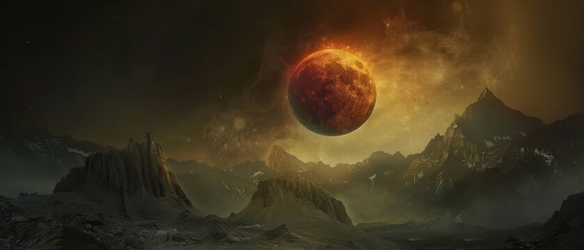 Apocalyptic Blood Moon Total Lunar Eclipse Above Jagged Snowy Peaks Ancient Rocky Mountain Terrain Panorama