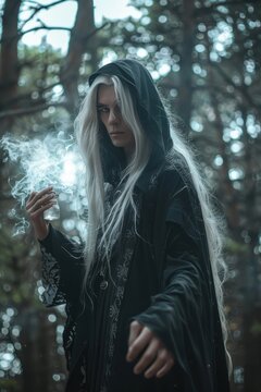 Arcane Alchemist Summoning Potion Vapors from Alchemical Vial in Ancient Pine Woodland Ritual