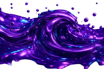 Vibrant purple liquid splash with dynamic wave motion, glossy metallic fluid droplets, abstract violet paint swirl for creative design isolated on White Background
