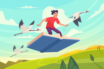 Naklejka premium Book flying. fairytale concept background with dreaming boy flying on books pages with storks
