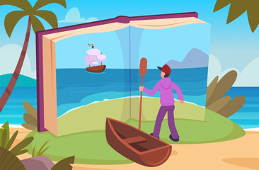 Naklejka premium Fairytale. concept fantasy man standing near open book and watching on sea with ship
