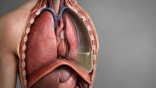 Posterior Basal Thorax Cutaway Pleural Effusion, Dependent Fluid Accumulation, Compressed Lung, Pleural Cavity, Diaphragm, Tracheobronchial Anatomy, Medical 3D Render
