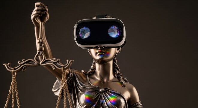 Justice in the Digital Age: Lady Justice, the iconic symbol of fairness, is now viewed through a VR headset, suggesting an evolution of truth and legal processes.