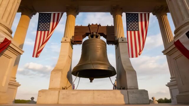 Pushing camera toward bronze bell with clapper and yoke at memorial pavilion, breeze waving flags