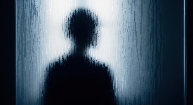The Silhouette Behind the Glass: A mysterious silhouette stands behind a rain-streaked glass pane, creating a sense of introspection.