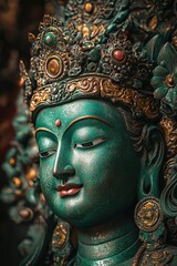 Obraz premium Compassionate Green Tara Bodhisattva Statue: Ornate Crown Symbol of Protection, Meditation and Enlightenment in Tibetan Tradition (112 chars)