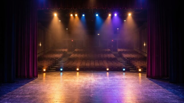 Empty Theater Stage Illuminated with Dynamic Lighting Ready for a Public Performance or Event