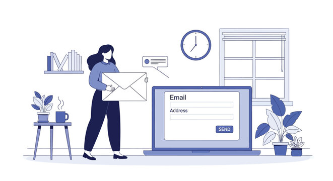 Woman holding envelope next to laptop displaying email form. email marketing, communication, newsletter subscription, online correspondence.
