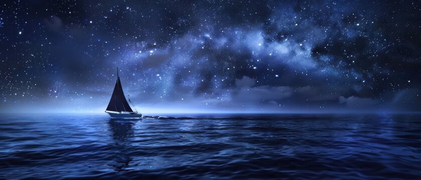 Classic Sailboat Navigating Calm Seas Under Milky Way Constellations Evoking Celestial Wayfinding Maritime Heritage Voyage