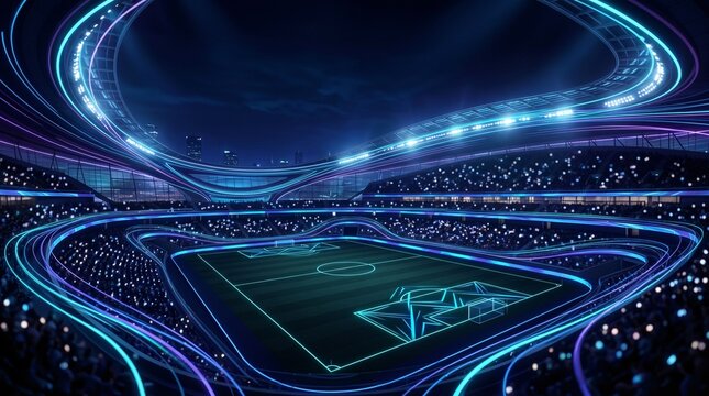 Modern Futuristic Soccer Arena with Glowing Neon Blue and Purple Lines Background