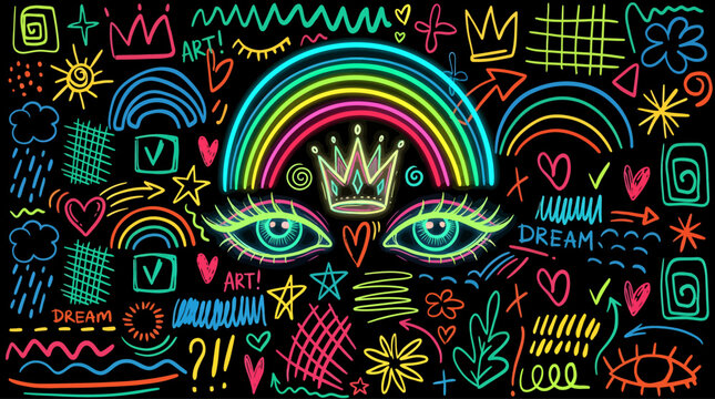 Vibrant doodle art, colorful graffiti illustration, neon rainbow crown, dreamy eyes, black background vector